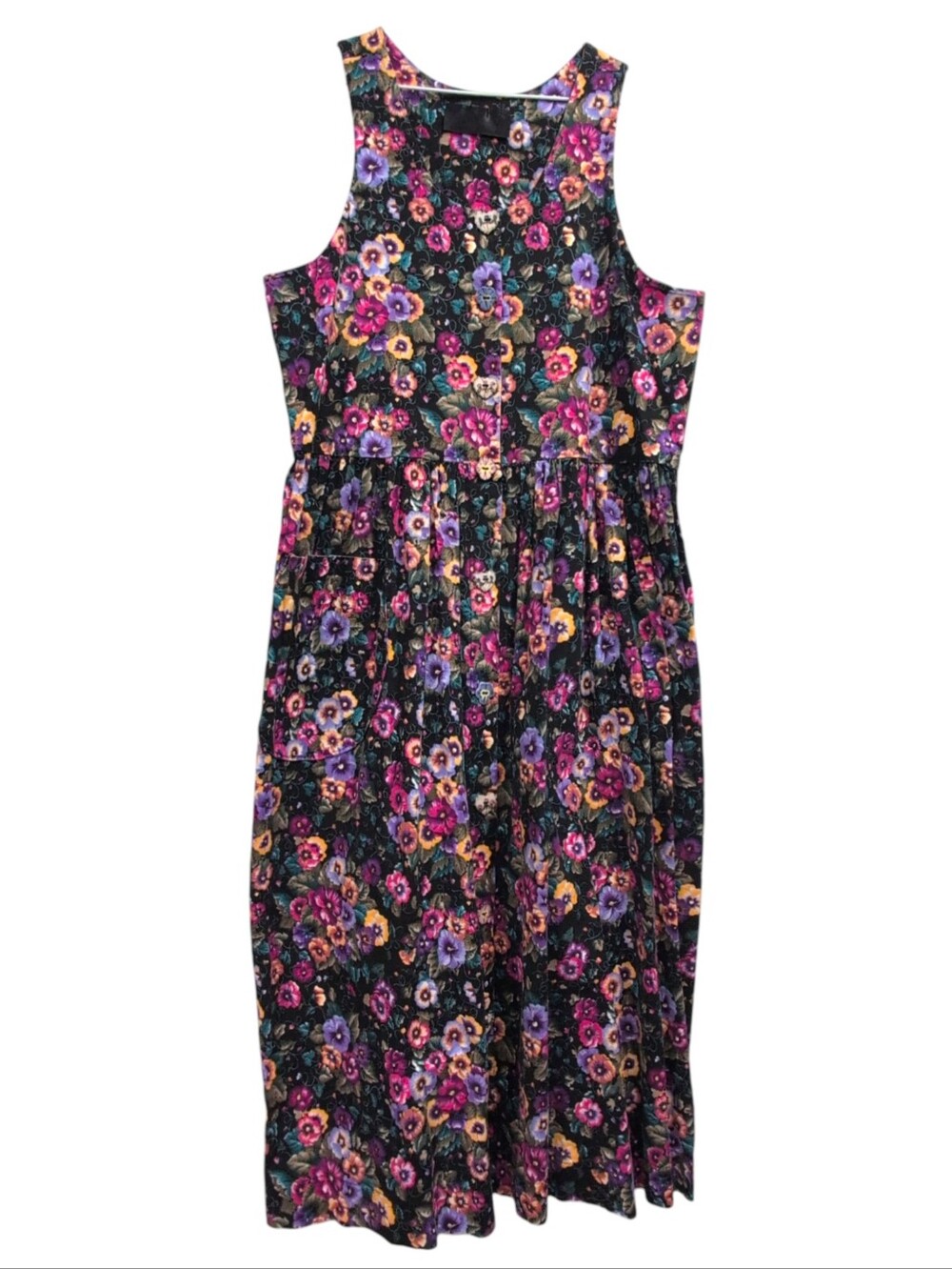 Vintage Pineapple Patch XL Floral Cotton Midi Dress Black Sleeveless